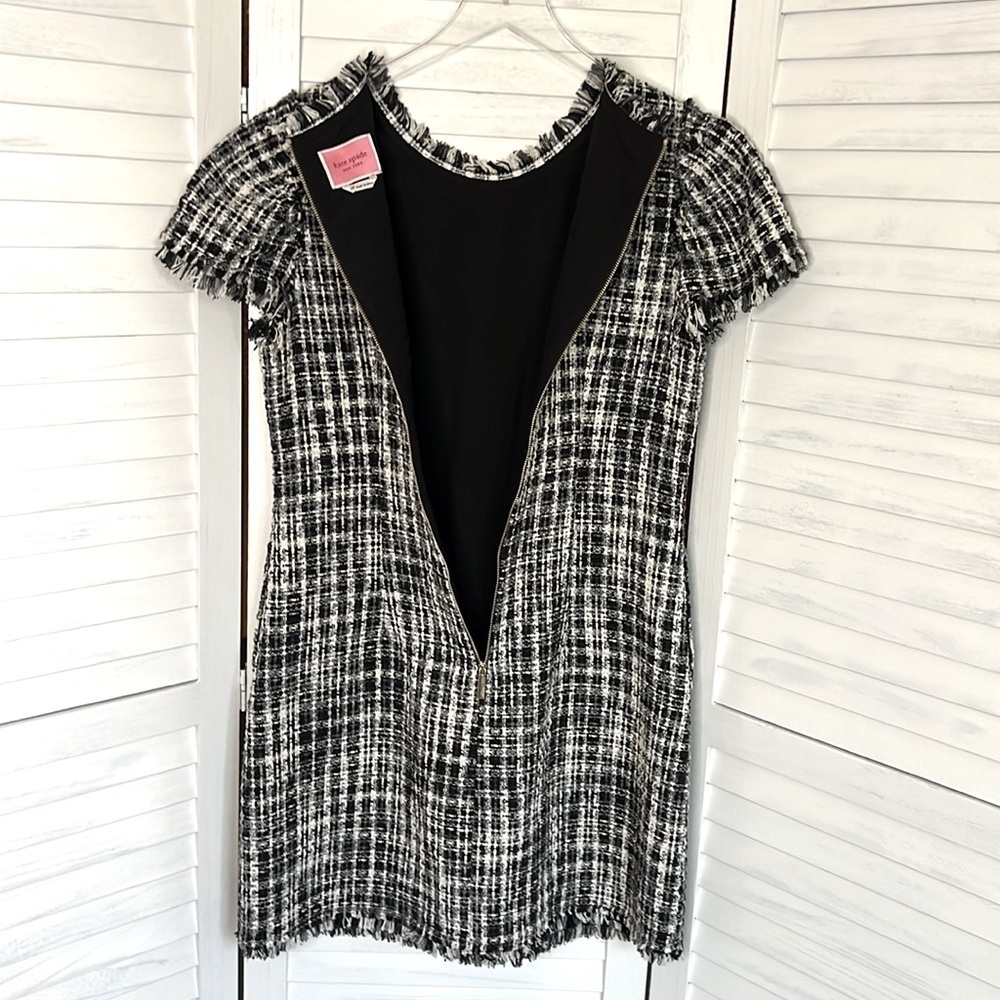 KATE SPADE l Flutter Sleeve Tweed Dress Black White Pockets Size 10 / Medium* - Picture 9 of 14